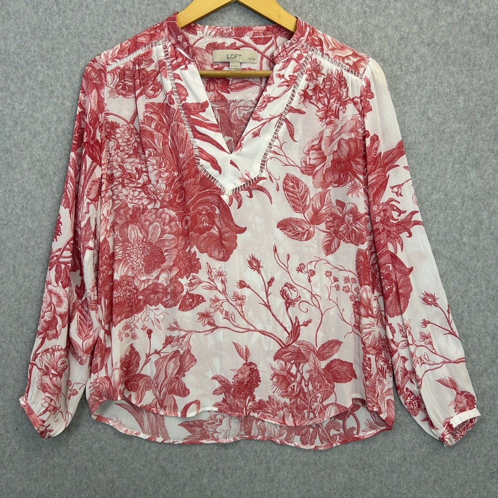 LOFT Size SP Blouse Red White Toile Floral Sheer Chiffon Top Romantic Split Neck